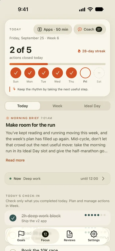 12Focus Today screen: Apps · 50 min at the top, then today’s planned actions with the finished ones ticked