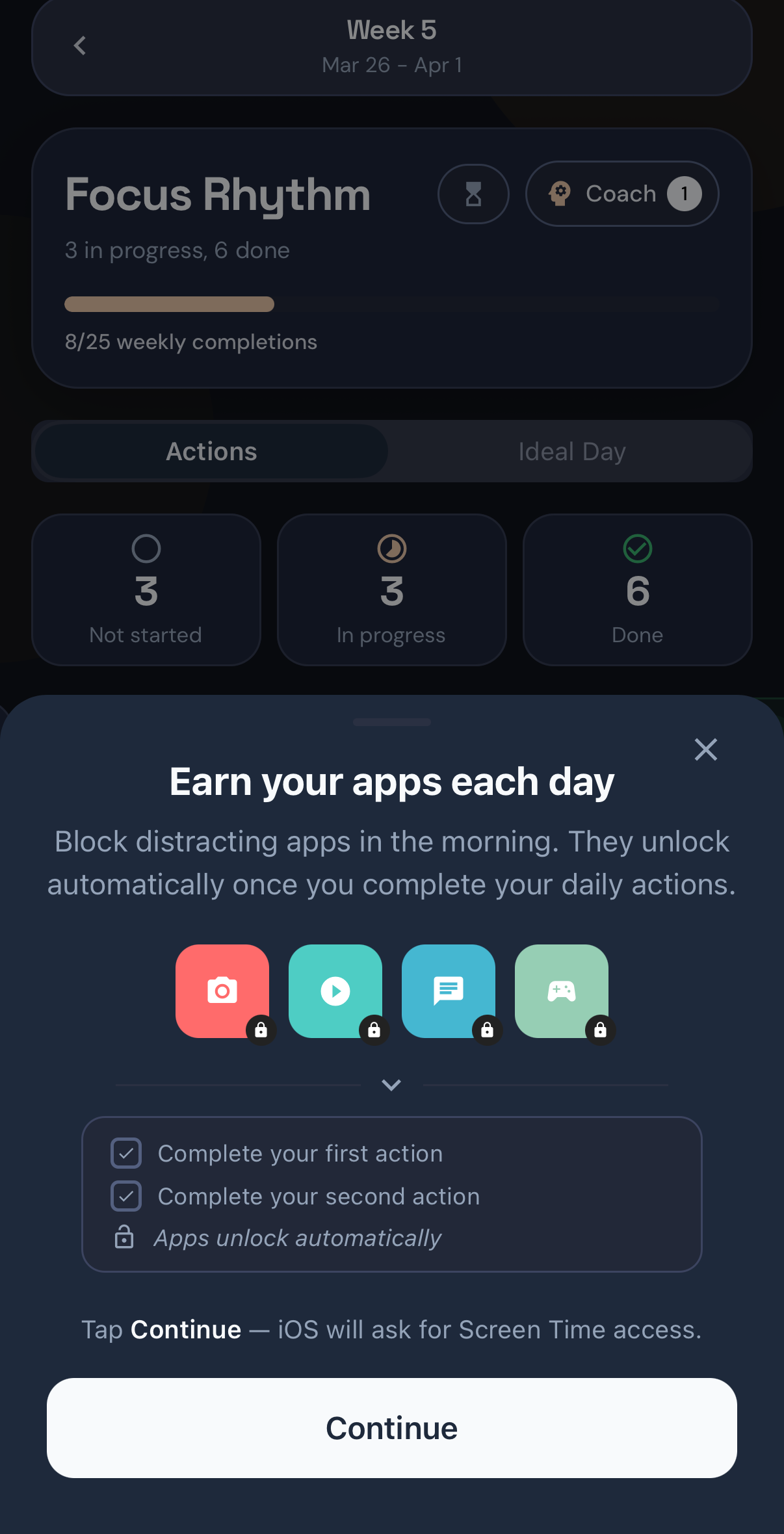 12Focus iPhone app blocking screen with distracting apps locked until daily actions are complete.