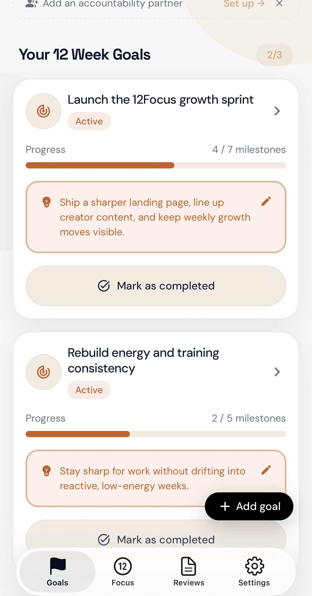 12Focus goals overview showing two active 12-week goals with visible progress.