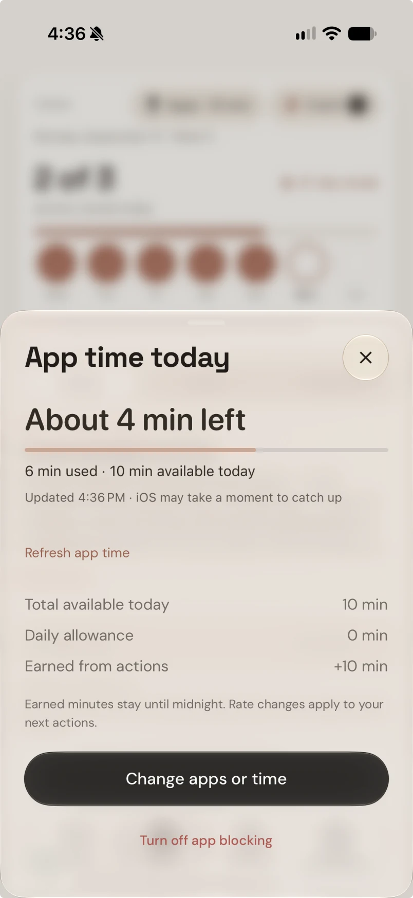 App time remaining and minutes earned from actions