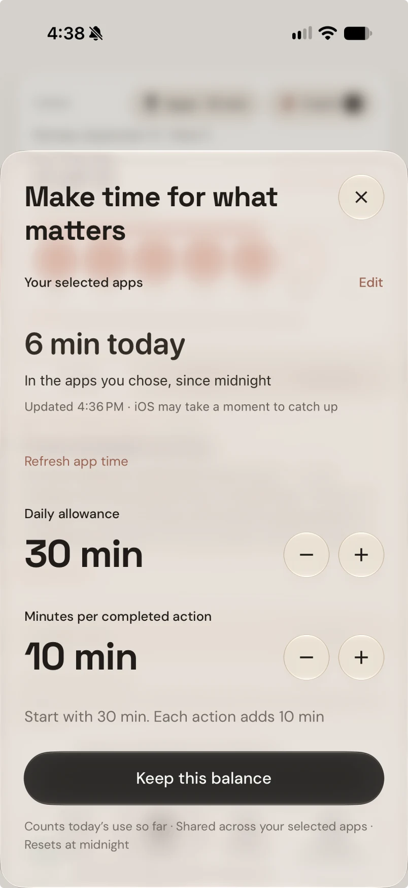 App blocking settings: daily allowance and minutes per completed action