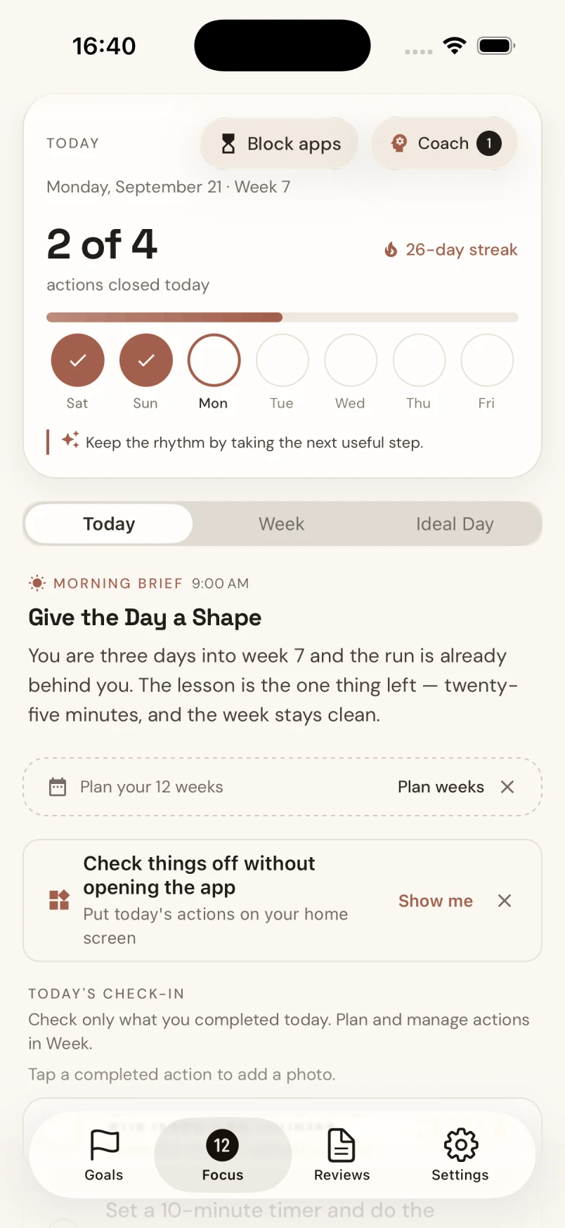 Focus: today’s actions, progress and app blocking