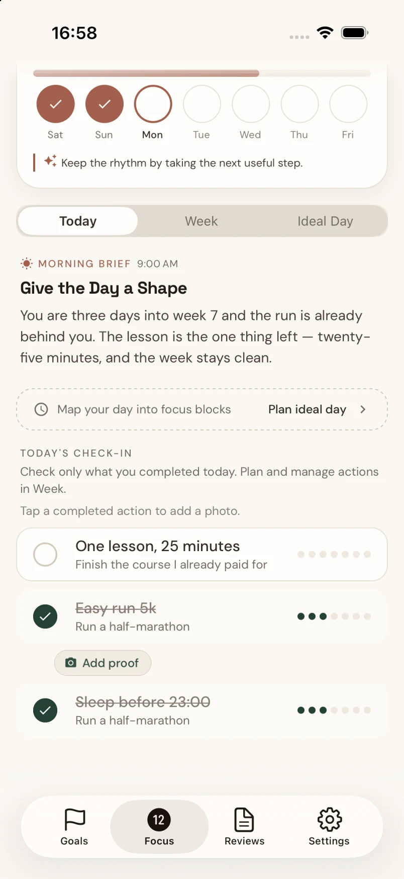 Focus check-in with planned actions, completed actions and the Add proof photo option