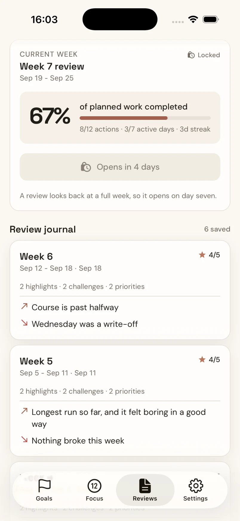 A weekly review in the real 12Focus app
