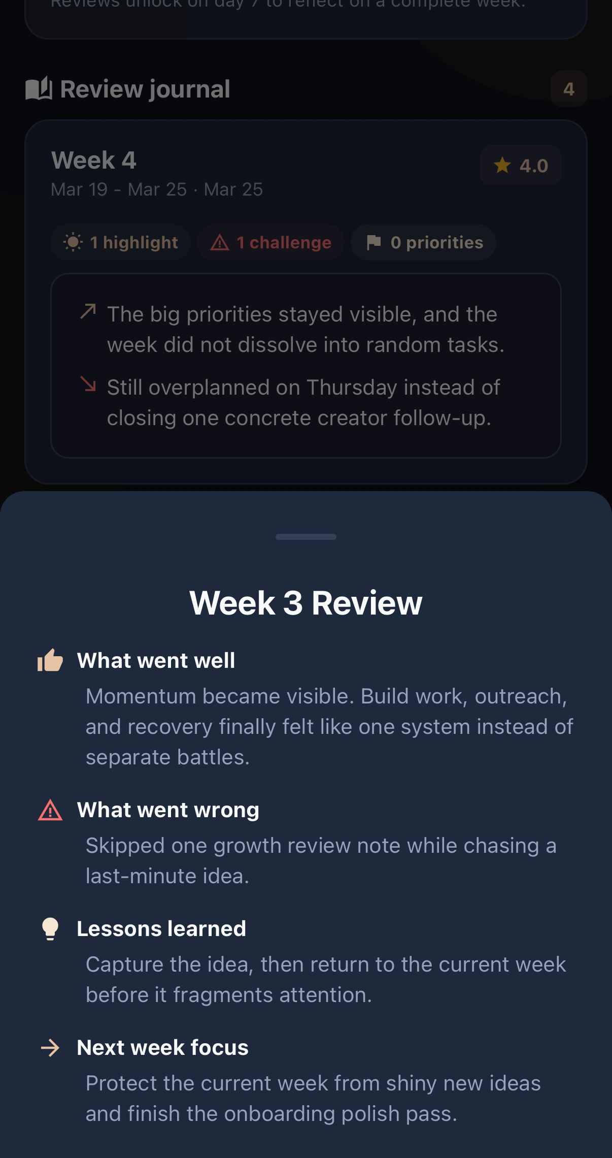 12Focus weekly review screen showing lessons learned and next week focus.